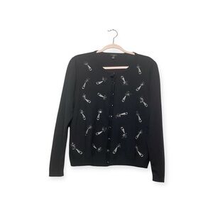 Women’s NWOT Talbots champagne bottles embroidered holiday cardigan, size LP